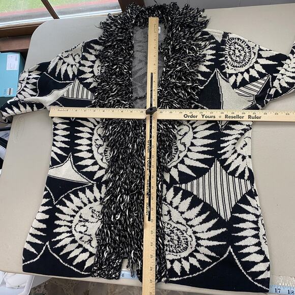 Chicos Cardigan Sweater Size 2 Large Wool Silk Blend Fringe Boho Artsy Chunky - Picture 7 of 11